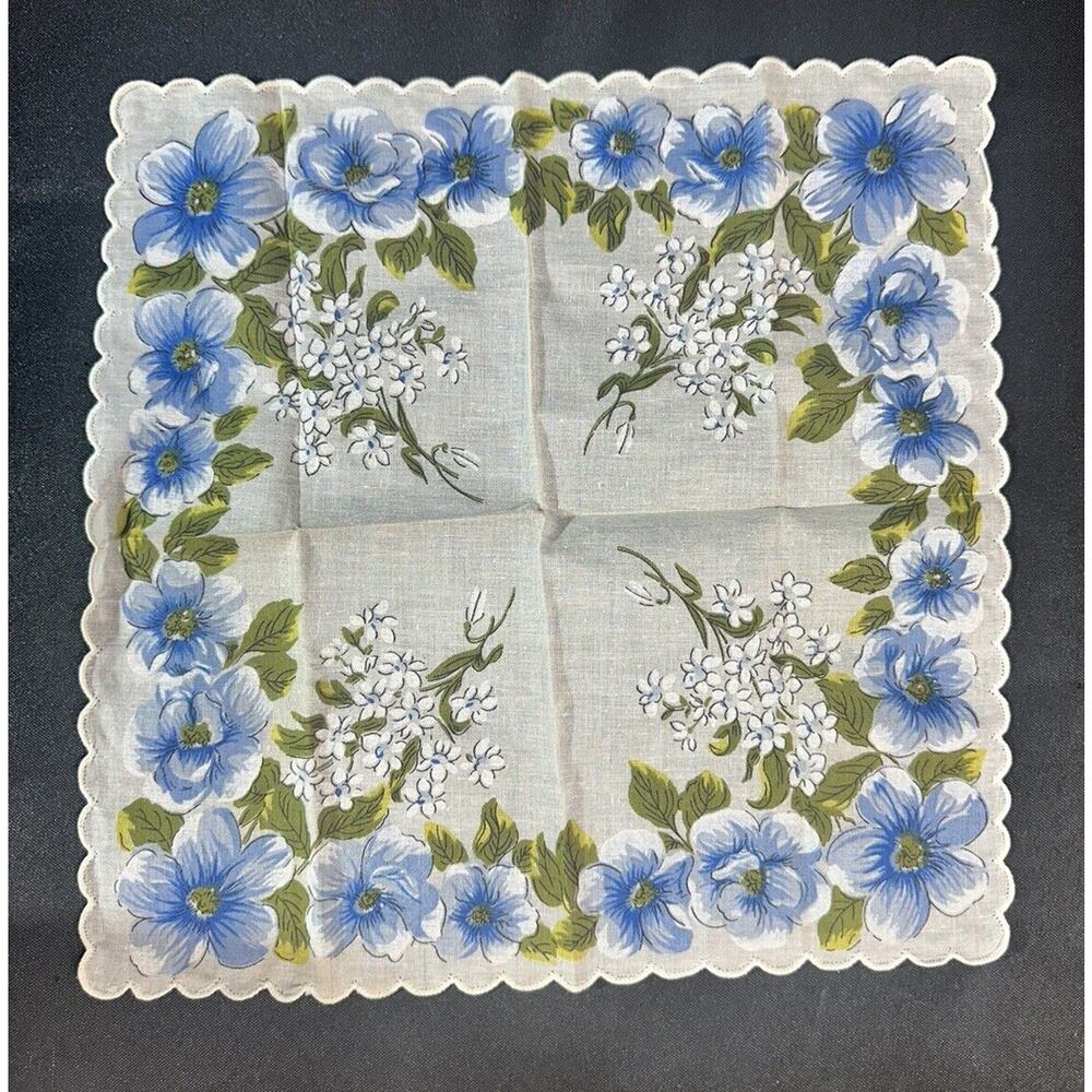 Vintage Dogwood Floral Cluster Blue And White Scalloped Edge Handkerchief 1960s